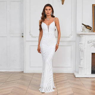 Sexy White Sequin Strap Party Maxi Dress - Long Evening Dress for Women