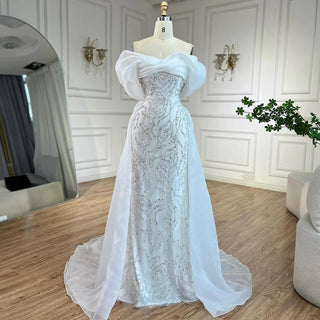 Ships in 1 to 3 Days - Arabic White Beaded Mermaid Elegant with Overskirt Luxury Dubai Evening Dresses Gowns for Women's Party 2024