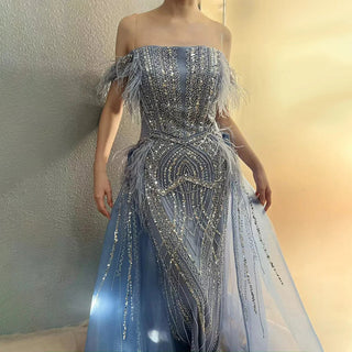 Ships in 1 to 3 Days -2024 Blue Mermaid Gown with Luxury Feathers, Beading, and Overlay Skirt - Saudi Evening Dress for Formal Occasions