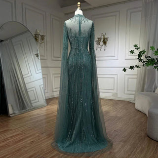 Arabic Turquoise Mermaid Evening Gown with Cape Sleeves and Split, Beaded Detail - Perfect for Women's Wedding, Prom, or Party