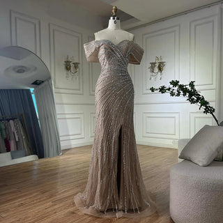 Ships in 2 to 5 Days - Silver Nude Mermaid Beaded Evening Dress with High Split – 2025 Customized Arabic Elegance