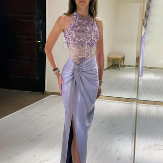 2024 Arabic Lilac Halter Neck Side Slit Mermaid Luxury Dubai Evening Gown Beaded Dress for Women's Party