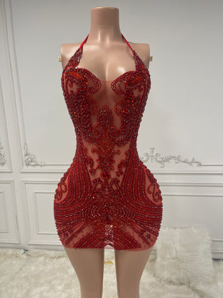 Exquisite Scarlet Beaded Illusion Mini Dress