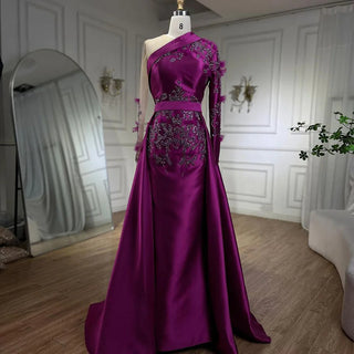 Arabic Purple Mermaid Satin Lace Beaded Luxury Dubai Evening Dress - Elegant Gown for Women's Party 2024