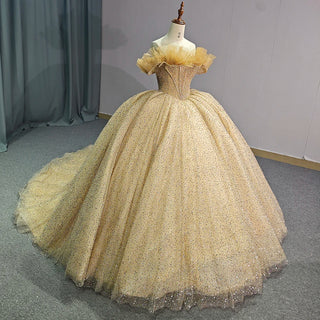 Luxury Off-Shoulder Ruched Empire Golden Quinceañera Dress