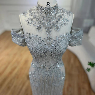 2024 Arabic Silver Nude Mermaid Beaded Crystal Luxury Dubai Evening Dresses Gowns for Women Wedding Party