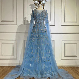 Ships in 1 to 3 Days - 2024 Muslim A-Line Blue Beaded Luxury Evening Gowns with Cape Sleeves for Women's Party Dubai