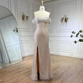 Ships in 1 to 3 Days - Arabia White Nude Mermaid Boat Neck Luxury Evening Dress: 2024 High Split Gown for Women's Wedding Party