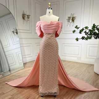 Peach Satin Mermaid Boat Neck Beaded Ankle-Length Evening Gown - Perfect for Women's Wedding Party 2024