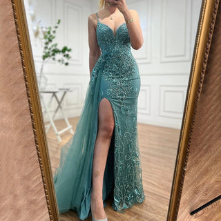 Green Spaghetti Straps Mermaid Evening Dress 2024 with High Split and Beaded Elegance - Ideal for Women's Parties