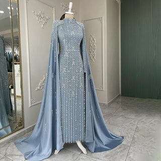 Ships in 1 to 3 Days - 2024 Luxury Dubai Blue Muslim Mermaid Beaded Evening Gown with Cape Sleeves for Women's Party