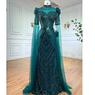 Emerald Green Luxury Dubai Evening Dresses with Cape Sleeves: Arabic Muslim Women's Wedding Party Gowns