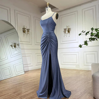 Saudi Arabic Blue Spaghetti Strap Mermaid Long Evening Gown with Split for Occasion