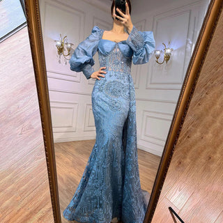 Arabic Elegance: Long-Sleeved Blue Mermaid Evening Dresses with Overskirt, Perfect for Wedding Parties and Plus-Size Women