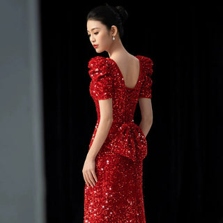 Ships in 1 to 3 Days – Stunning Red Sequin V-Neck Evening Dress for Weddings and Engagements