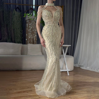 2024 Arabic Nude Halter Neck Mermaid Pearls Beaded Luxury Dubai Evening Gown for Women's Party