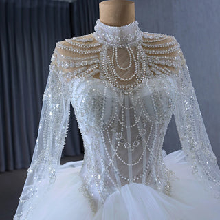 Vintage High Neck Long Sleeve Bridal Ball Gown Wedding Dress