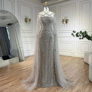 Mermaid Caramel Evening Gown with Elegant Cape Sleeves and Beaded Detailing for Women's Wedding Party 2024