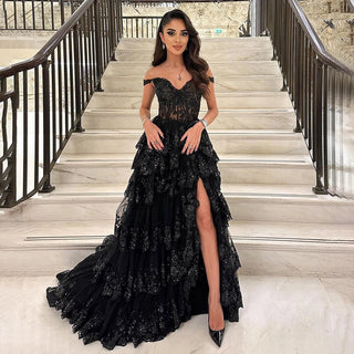 Arabic Black High Split Spaghetti Strap A-Line Lace Beaded Evening Dresses Gowns for Women's Wedding Party