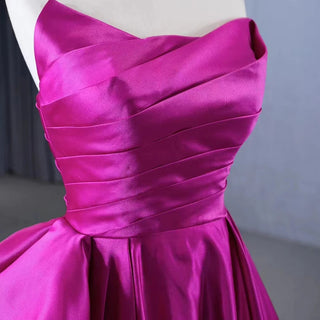 Soft Satin Fuchsia Ruffle A-Line Evening Prom Dresses For Girls.