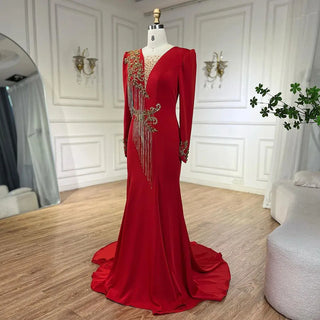 Arabic Red Mermaid Elegant Tassel Beaded Luxury Dubai Evening Dresses Gowns 2024 For Women Wedding Party