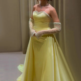 Yellow Mermaid Evening Gown with Detachable Sleeves and Luxury Beaded Design for Formal Occasion