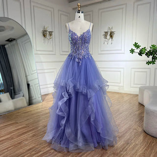 2024 Arabic Blue Spaghetti Strap A-Line Tiered Lace Appliques Luxury Evening Dress for Women's Party