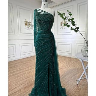 Green One Shoulder Mermaid Split Open Evening Dress: Beaded Sexy Party Gown for Women 2024