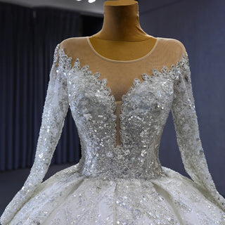 Gorgeous Sequins Beaded Long Sleeve Puffy Ball Gown Wedding Dress