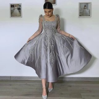 Arabic A-Line Luxury Satin Lace Beaded Gray Midi Tea-Length Evening Dress - Formal Women's Wedding Party