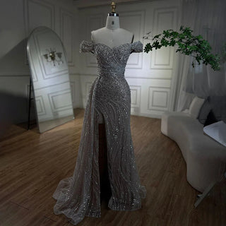 Arabic Silver Nude Mermaid High Split Beaded Luxury Dubai Evening Dress - Women's Wedding Party 2024