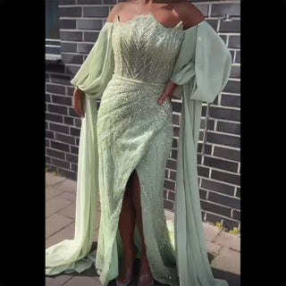 Luxurious Mint Beaded Mermaid Evening Dress Gown 2024: for Women Wedding Party