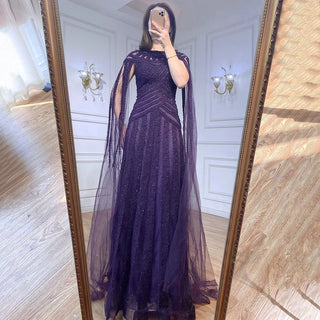 Arabic Purple Elegant Mermaid Cape Sleeves Lace Beaded Evening Dress - Women's Wedding Party Gown 2024