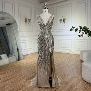 2024 Gold Mermaid Spaghetti Strap Side Slit Beaded Luxury Evening Dresses Gowns for Women Wedding Party