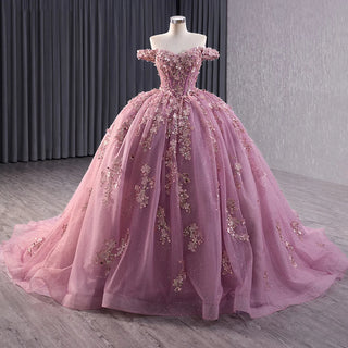 Princess Pink Appliquéd Flower Quinceañera Dress with Long Train