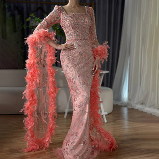 Ships in 1 to 3 Days - 2024 Luxury Peach Mermaid Evening Dress - Flared Sleeves Beaded Feather Gown for Women’s Parties