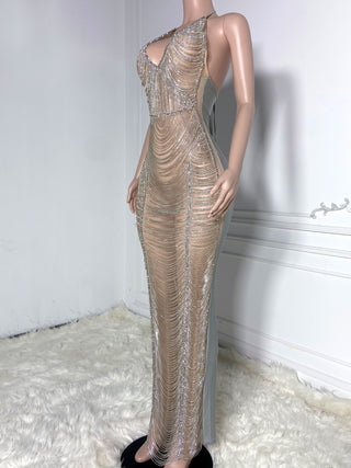 Ships in 1 to 3 Days - Radiant Rhinestone Draped Gown with Sheer Silhouette