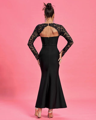 2024 Black Lace Flower Long Sleeve Bandage Gown - Elegant Maxi Evening Dress for Women