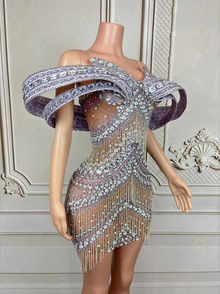 Extravagant Rhinestone-Embellished Mini Dress with Sculptural Shoulder Detail