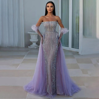 Lilac Mermaid Strapless Overskirt Feather Beaded Evening Dress With Gloves: Gowns 2024 For Women Party