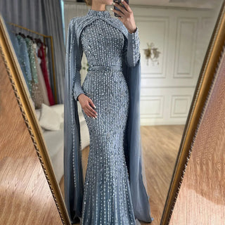 Ships in 1 to 3 Days - 2024 Luxury Dubai Blue Muslim Mermaid Beaded Evening Gown with Cape Sleeves for Women's Party