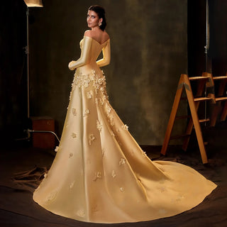 Yellow Strapless Satin A-Line Evening Gown with Appliqué Detailing – 2025 Custom Arabian Design