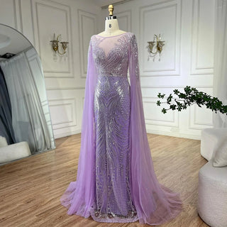 Luxury Dubai Arabic Lilac Cape Sleeves Mermaid Beaded Evening Dresses Gowns for Women