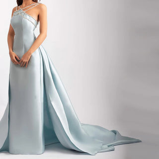 Blue Satin Elegant Halter Mermaid Evening Dress with Overskirt - Beaded Gown for Women's Wedding Party 2024