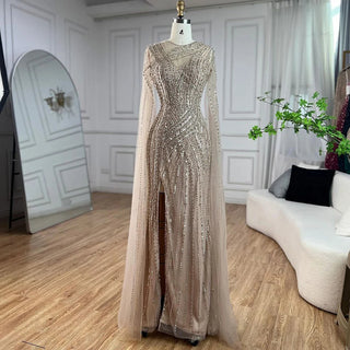 Arabic Elegant Cape Sleeves Mermaid Nude Dubai Evening Dress - Beaded Luxury Gown for Women's Party 2024