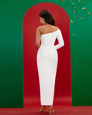 Ships in 1 to 3 Days - Elegant White One-Shoulder Long Sleeve Plus Size Bandage Dress - Winter Casual Evening Dress for Women