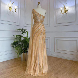 Gold Elegant Mermaid Evening Dress: 2024 Luxury Beaded with One Shoulder Cape Sleeve and High Split