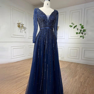 Modest Navy Blue Elegant A-Line Beaded Luxury Evening Dress - Formal Occasion Party Gown for Women