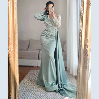 Muslim Green Mermaid Satin Elegant Beaded With Skirt Evening Dress - Women's Party Gown 2024