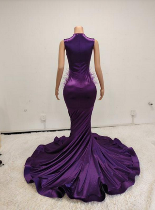 Dazzling Deep V-Neck Gown with Feather Accents and Flowing Train